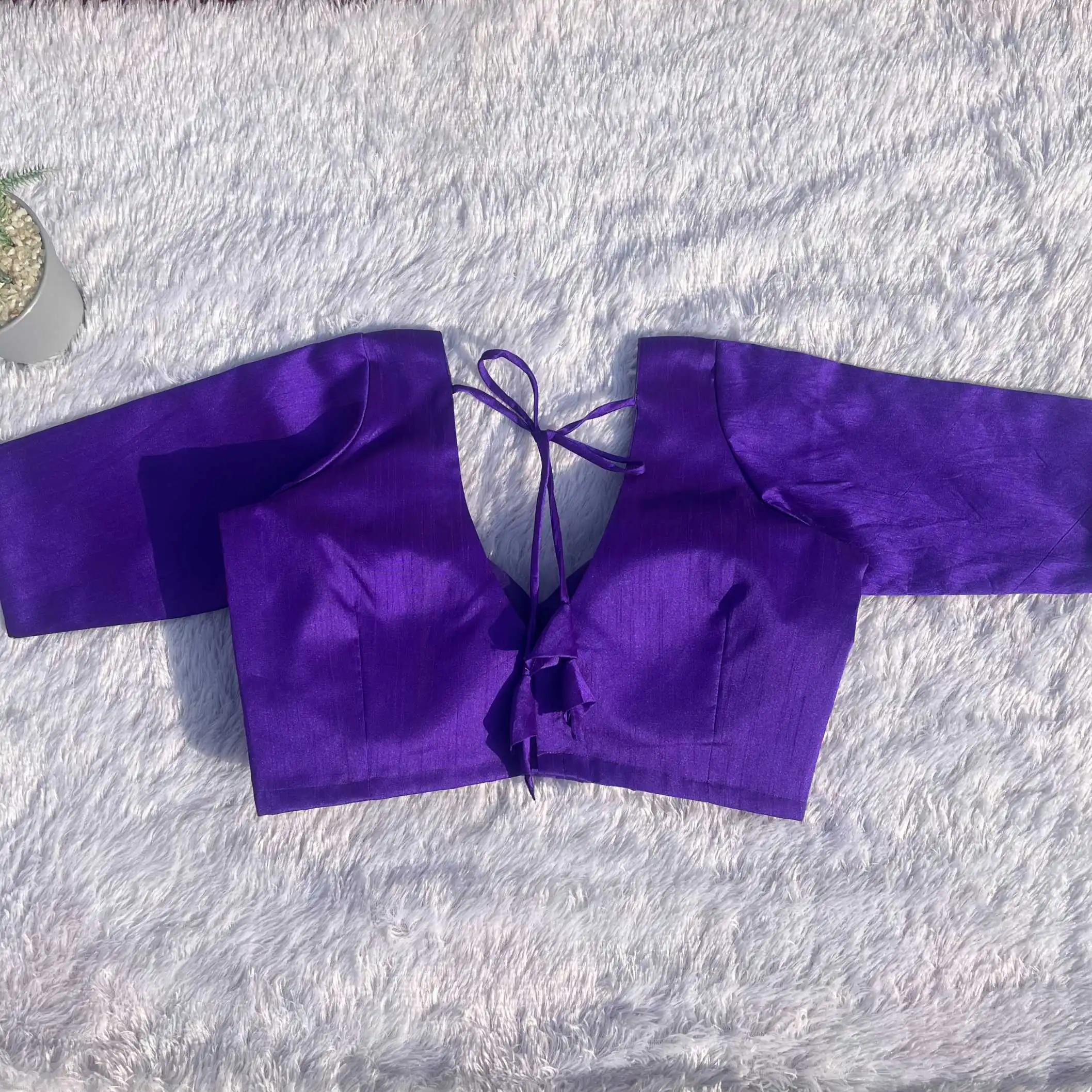 Purple Sweetheart Neck Elbow Sleeves Raw Silk Blouse