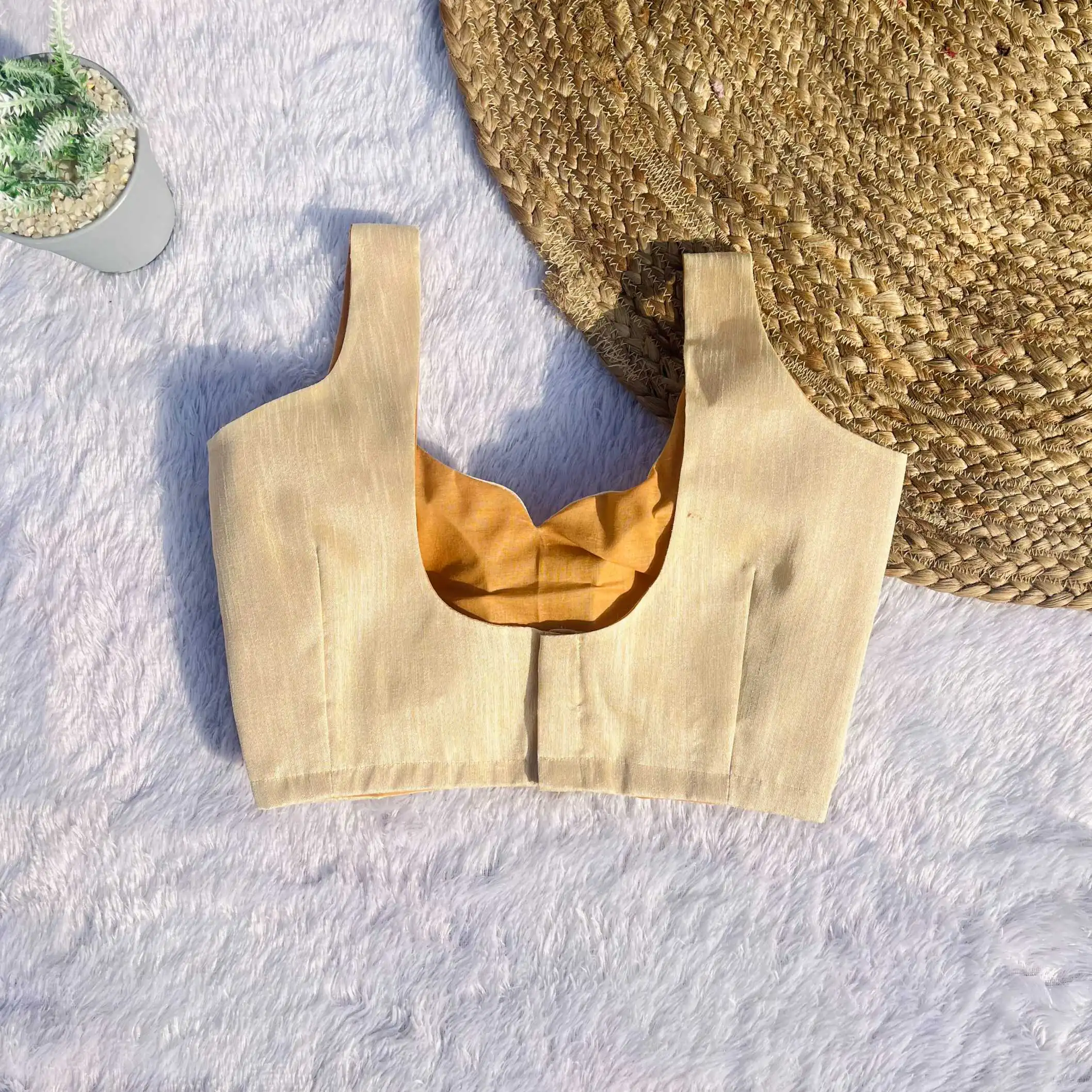 Golden Sleeveless Basic U-Neck Raw Silk Blouse