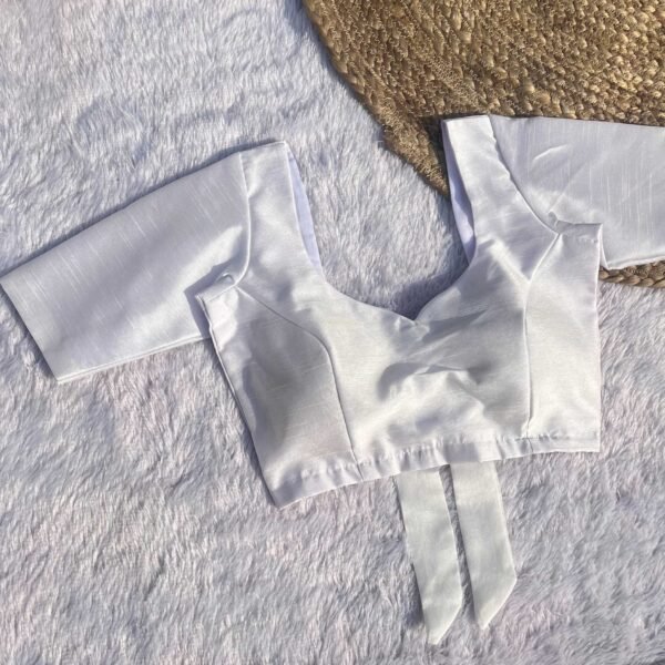 White Sheesh Elbow Sleeves Raw Silk Blouse