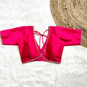 Pink Alia Cut Deep V-Neck Elbow Sleeves Raw Silk Blouse