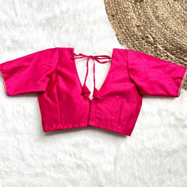 Pink Alia Cut Deep V-Neck Elbow Sleeves Raw Silk Blouse