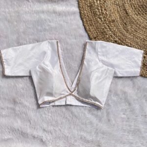 White Alia Cut Deep V-Neck Elbow Sleeves Raw Silk Blouse