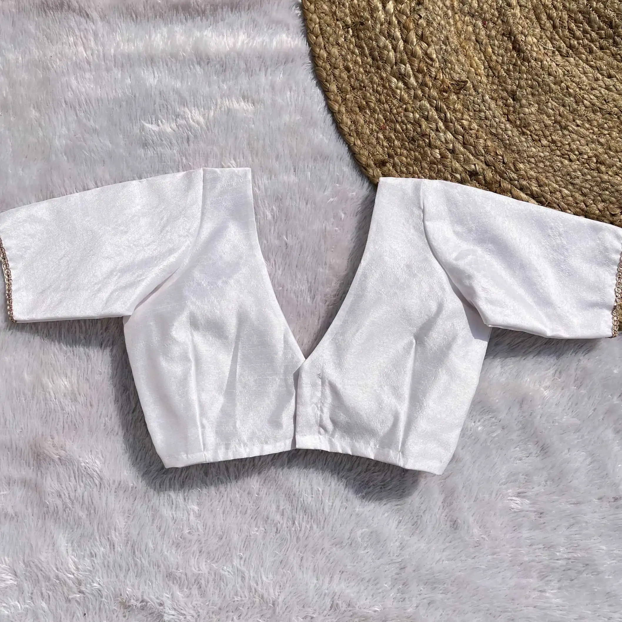 White Alia Cut Deep V-Neck Elbow Sleeves Raw Silk Blouse - Image 2