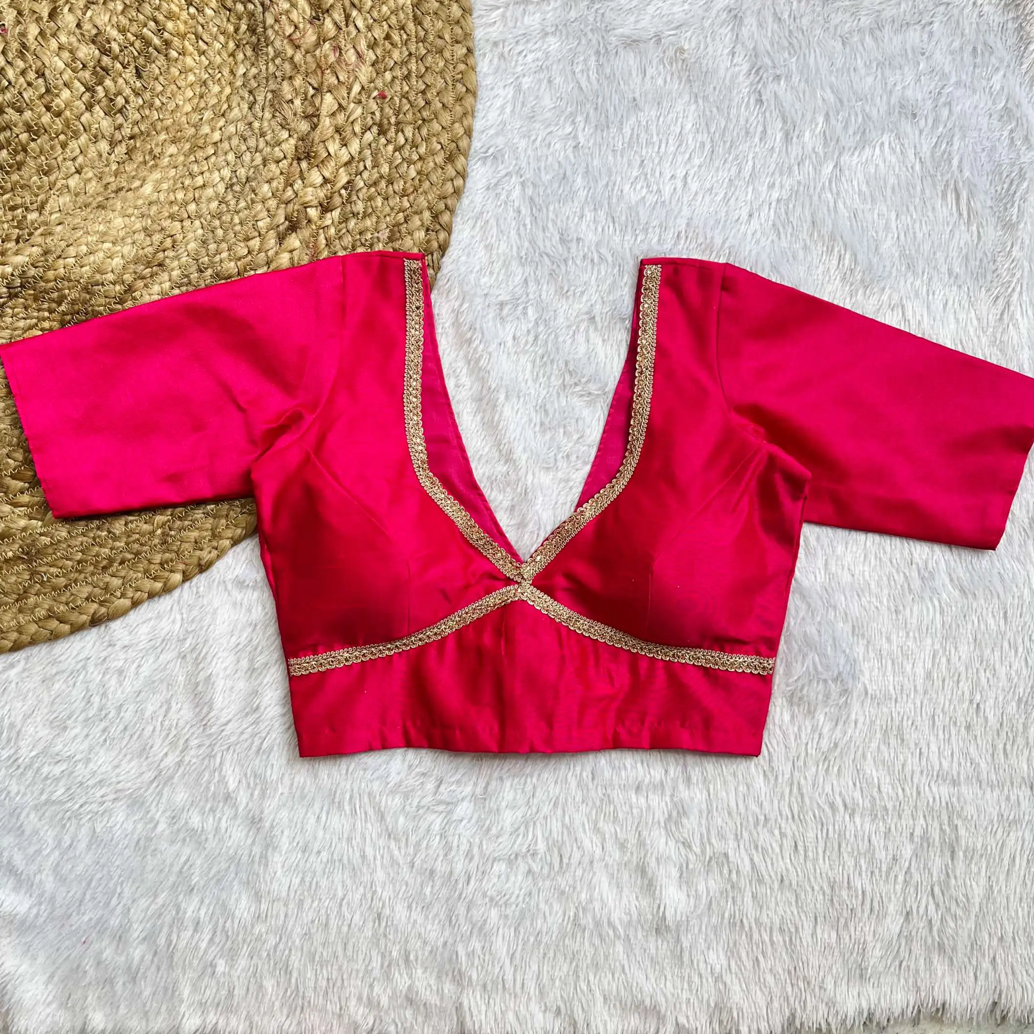 Pink V-Neck Sachima Raw Silk Elbow Sleeves Blouse
