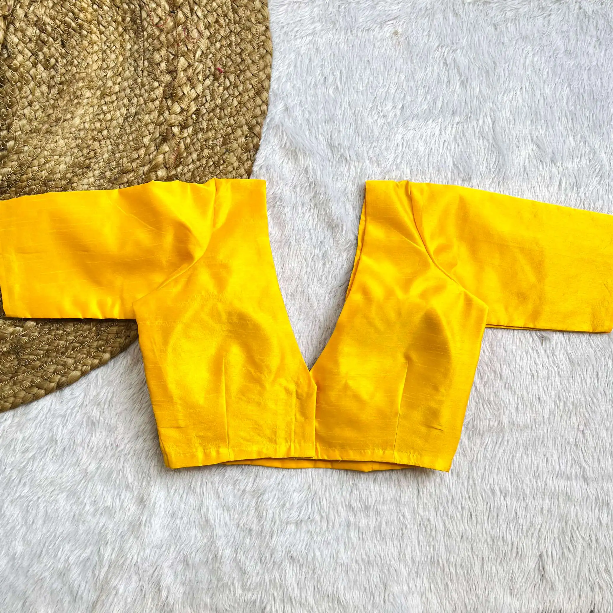 Yellow V-Neck Sachima Raw Silk Elbow Sleeves Blouse - Image 2