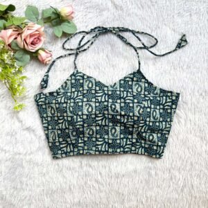 Teal Blue Printed Halter neck Blouse