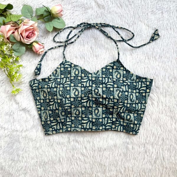 Teal Blue Printed Halter neck Blouse