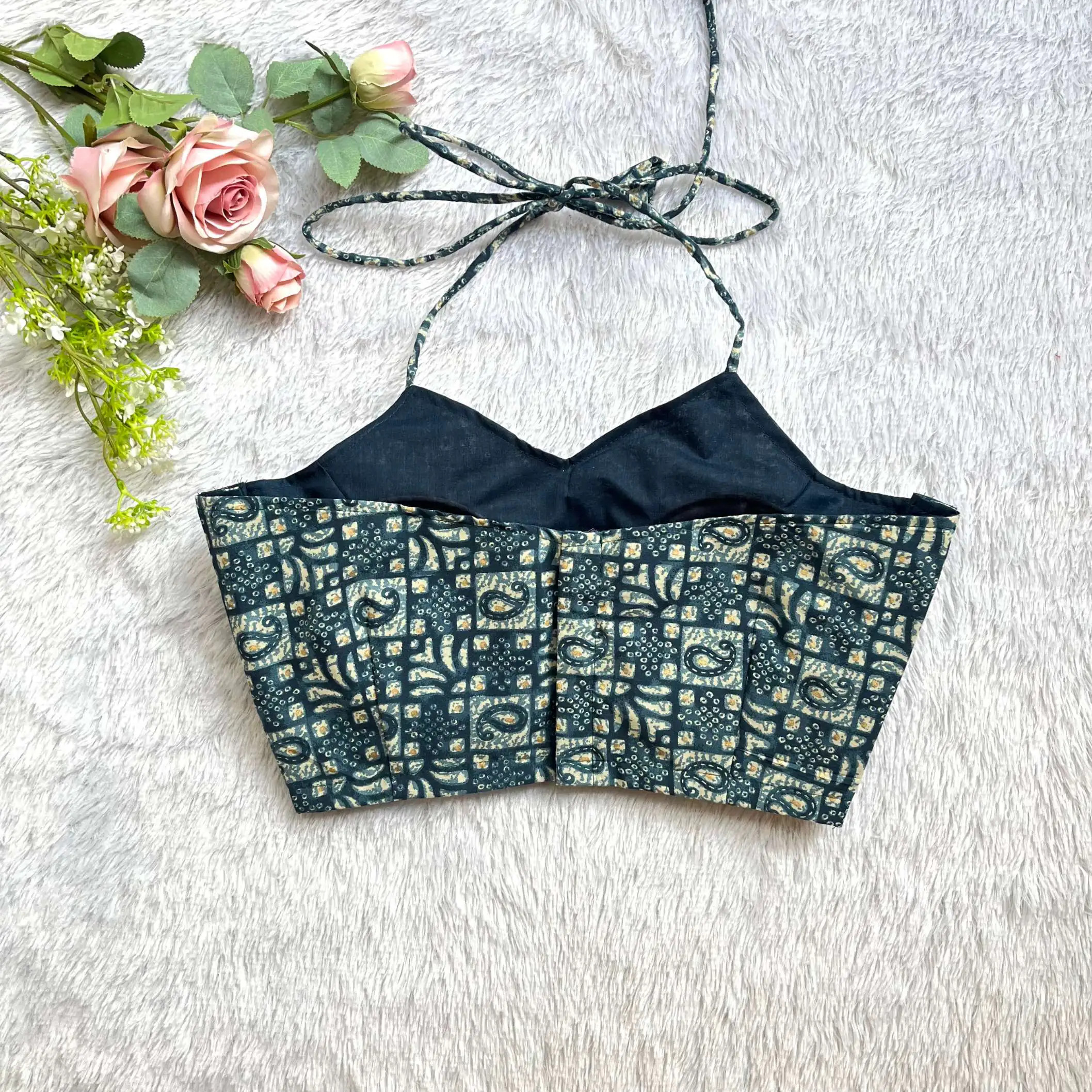 Teal Blue Printed Halter neck Blouse