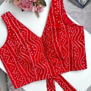 Red Bandhej V-Neck Back Knot Cotton Blouse