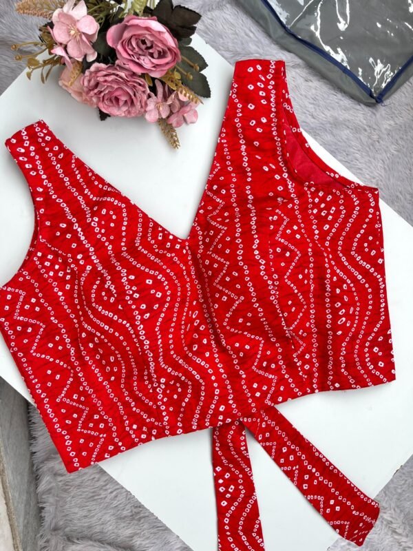 Red Bandhej V-Neck Back Knot Cotton Blouse