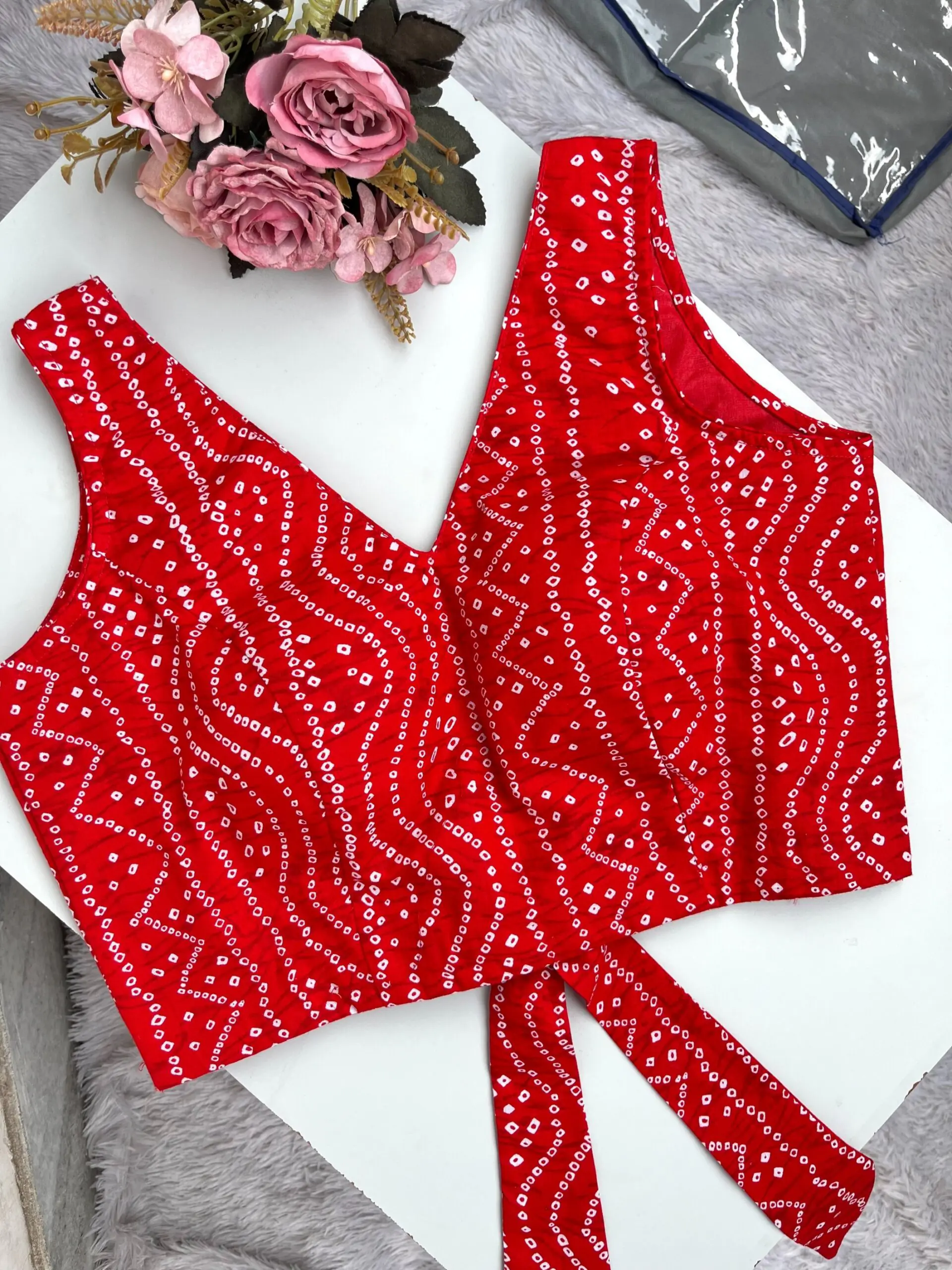 Red Bandhej V-Neck Back Knot Cotton Blouse