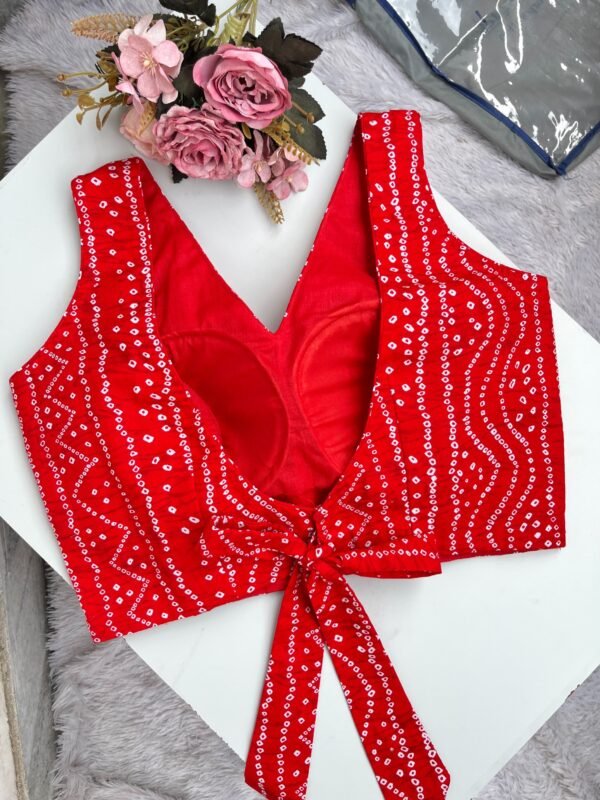 Red Bandhej V-Neck Back Knot Cotton Blouse