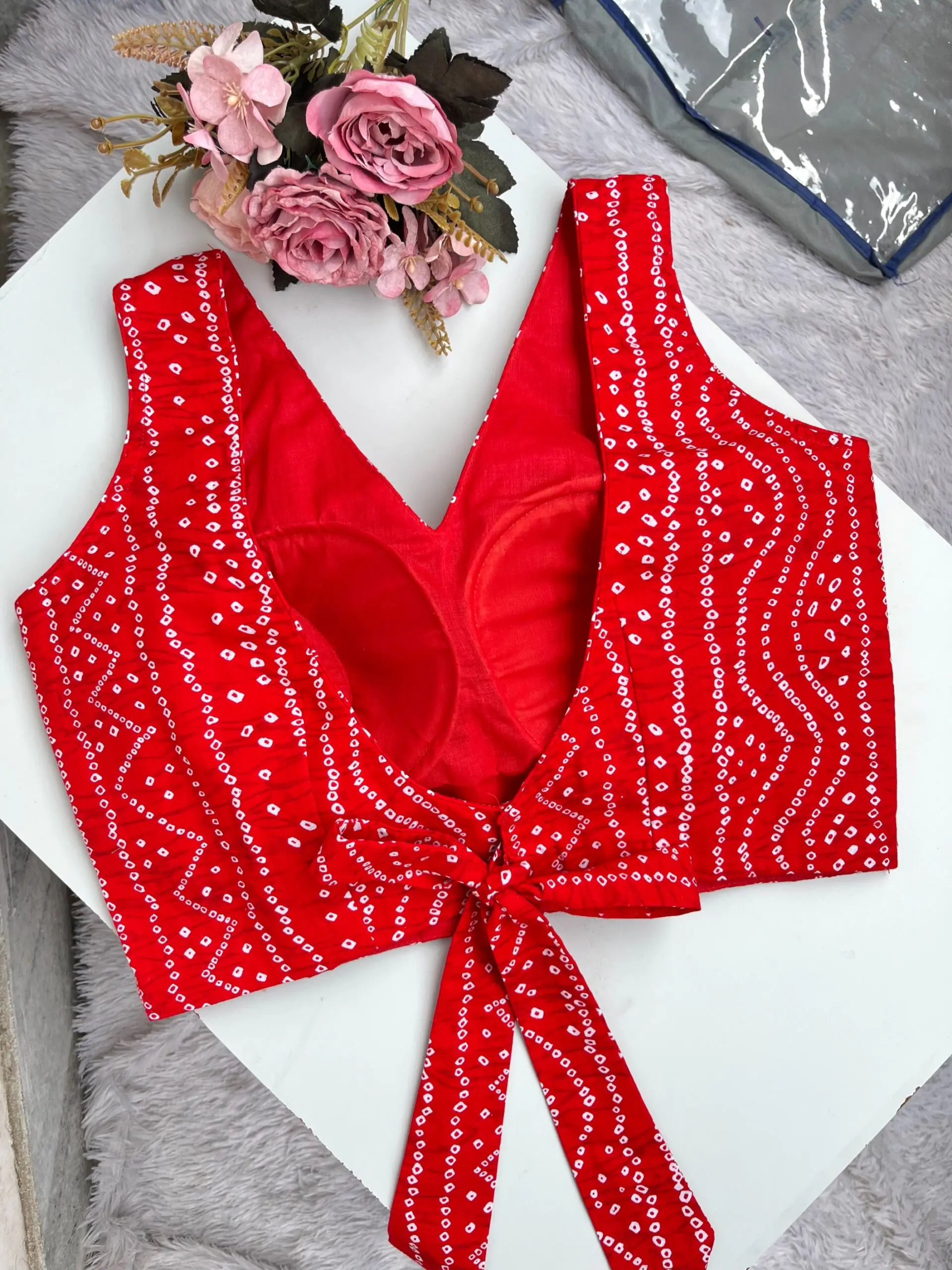 Red Bandhej V-Neck Back Knot Cotton Blouse