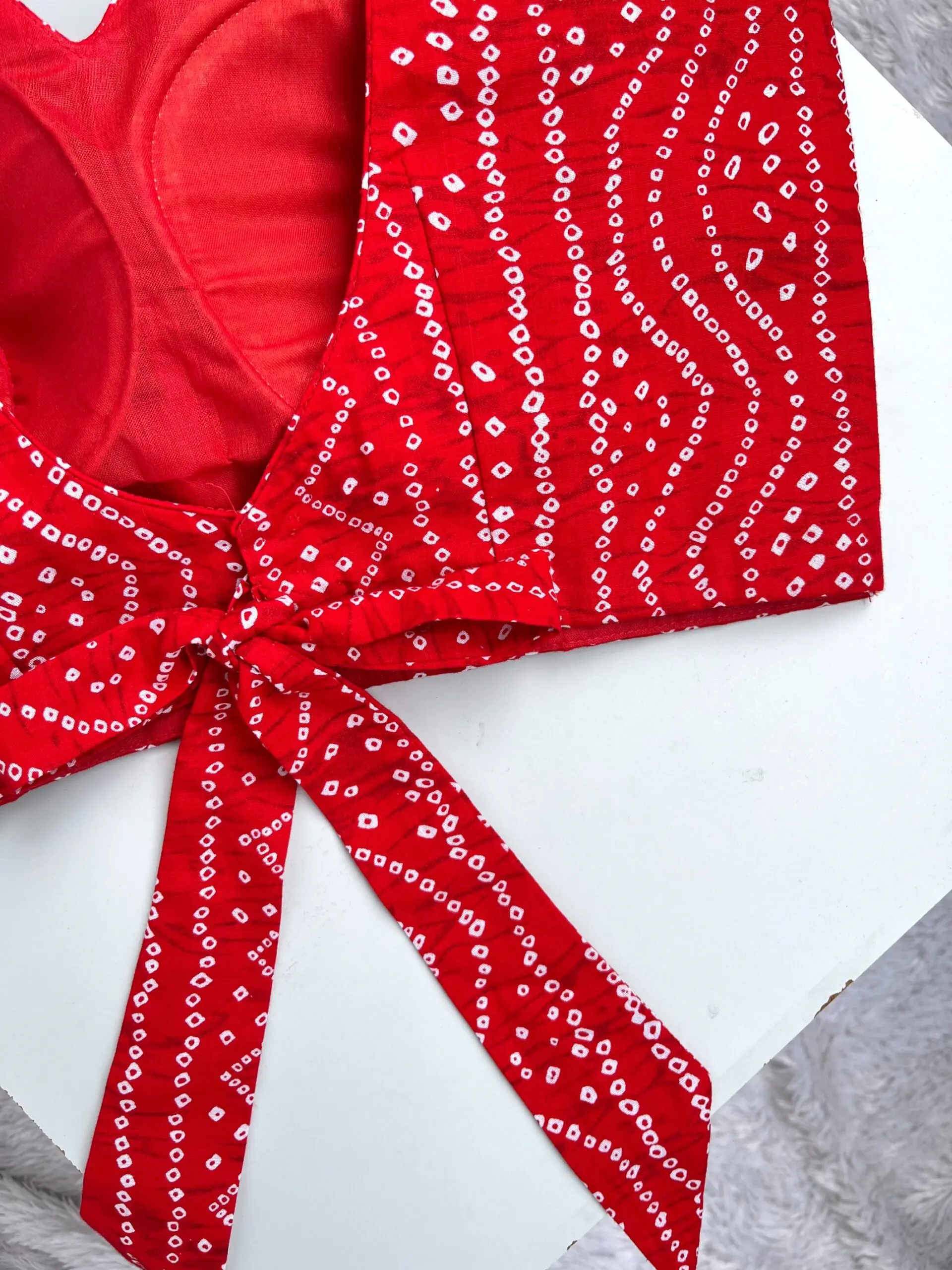 Red Bandhej V-Neck Back Knot Cotton Blouse