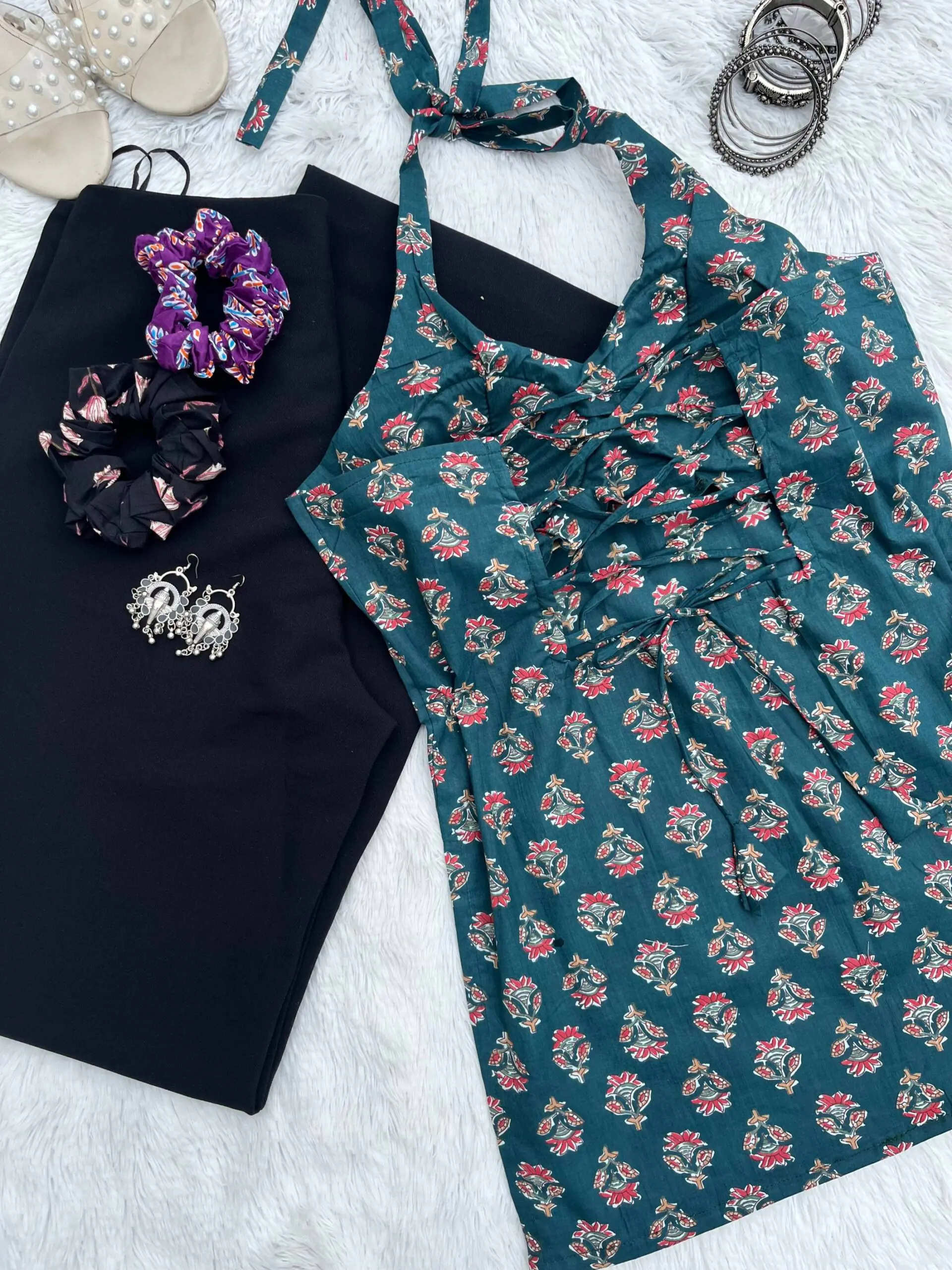 Green Halter Neck Back Criss Cross Cotton Kurti