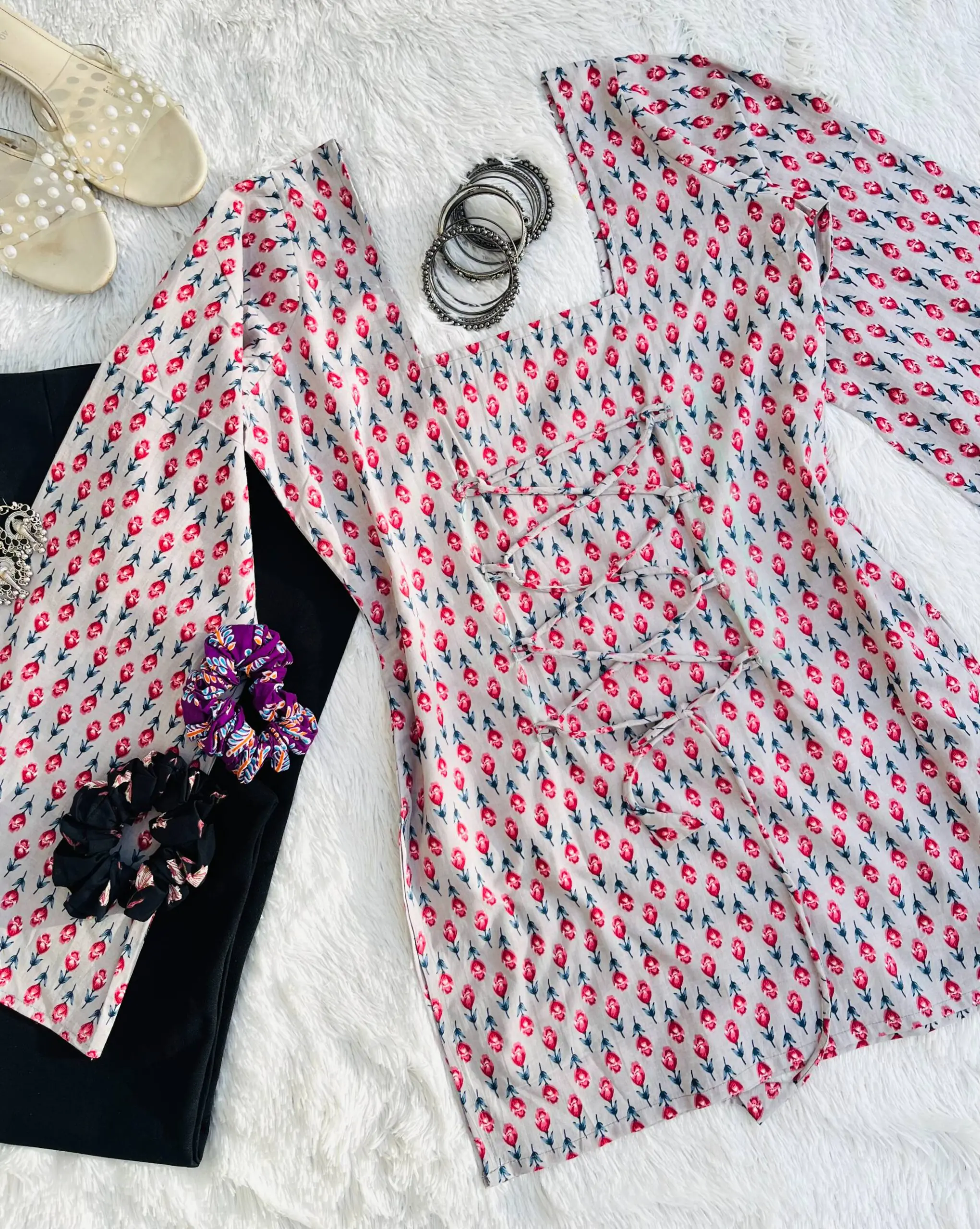 Grey Full Bell Sleeves Back Corset Kurti