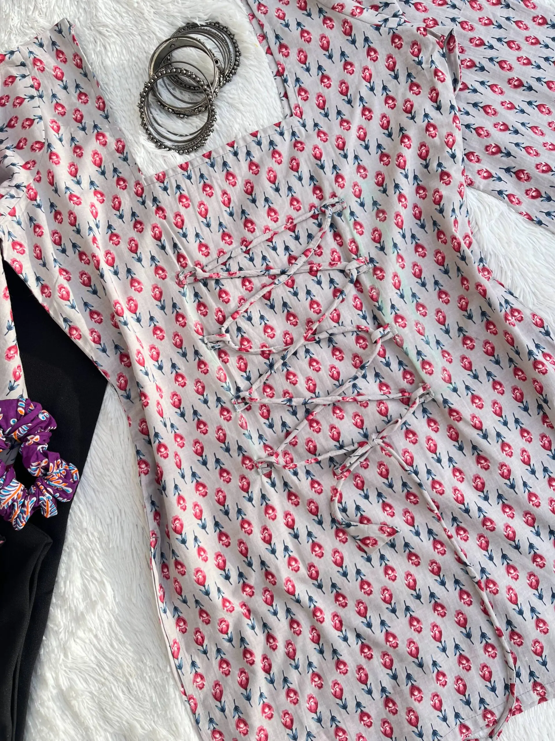 Grey Full Bell Sleeves Back Corset Kurti
