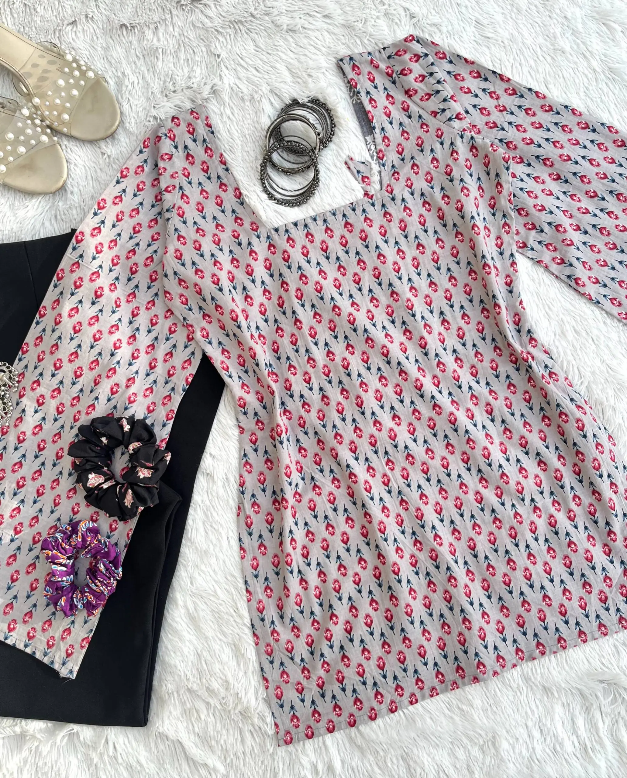 Grey Full Bell Sleeves Back Corset Kurti