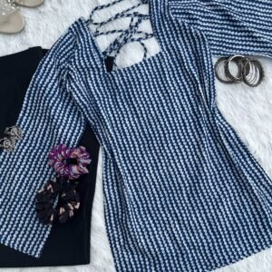 Blue Geomatric Back Criss- Cross Short Kurti