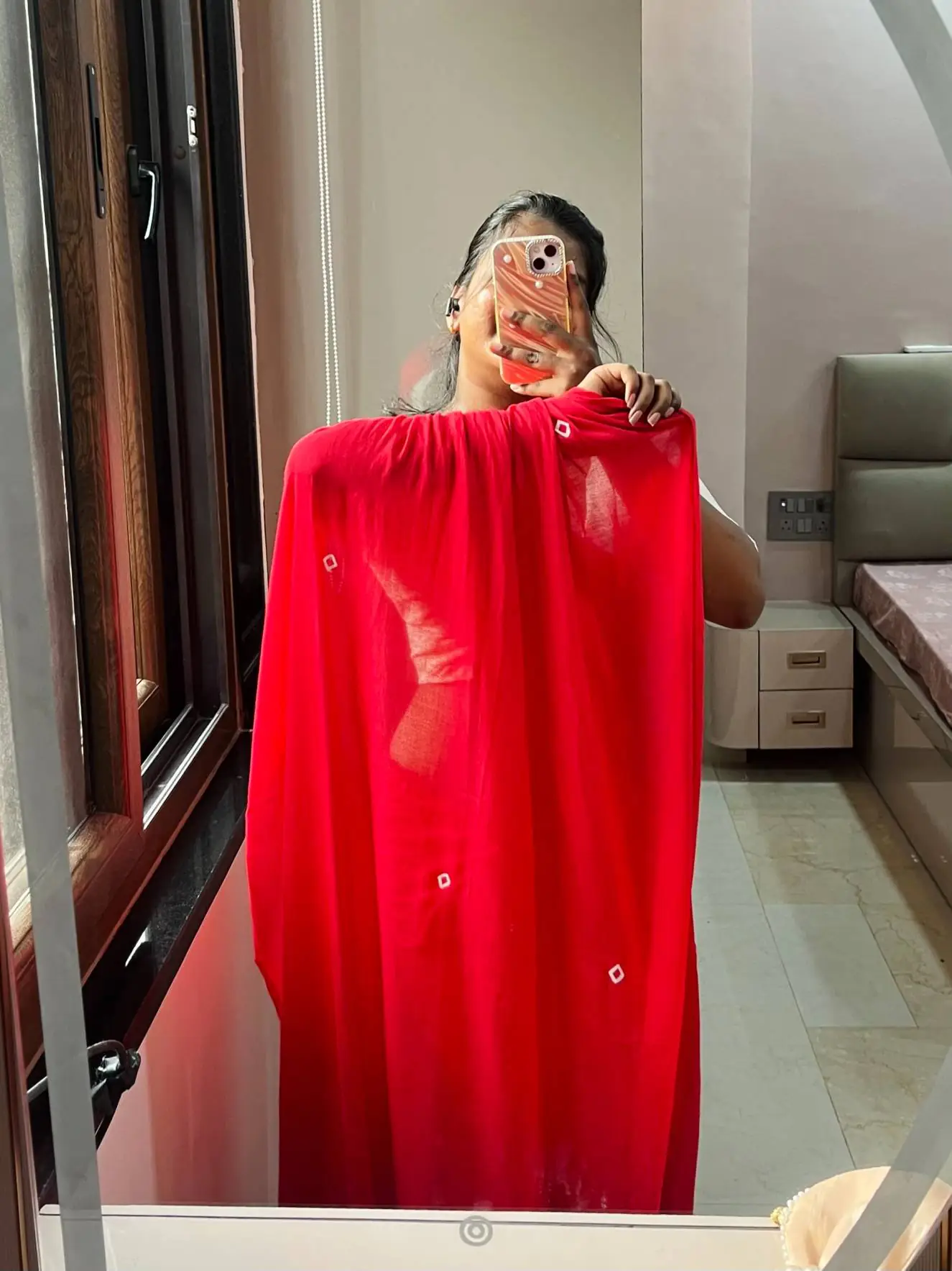Red Bandhej Print Saree with White V-Neck Blouse