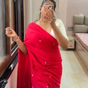 Red Bandhej Print Saree with White V-Neck Blouse