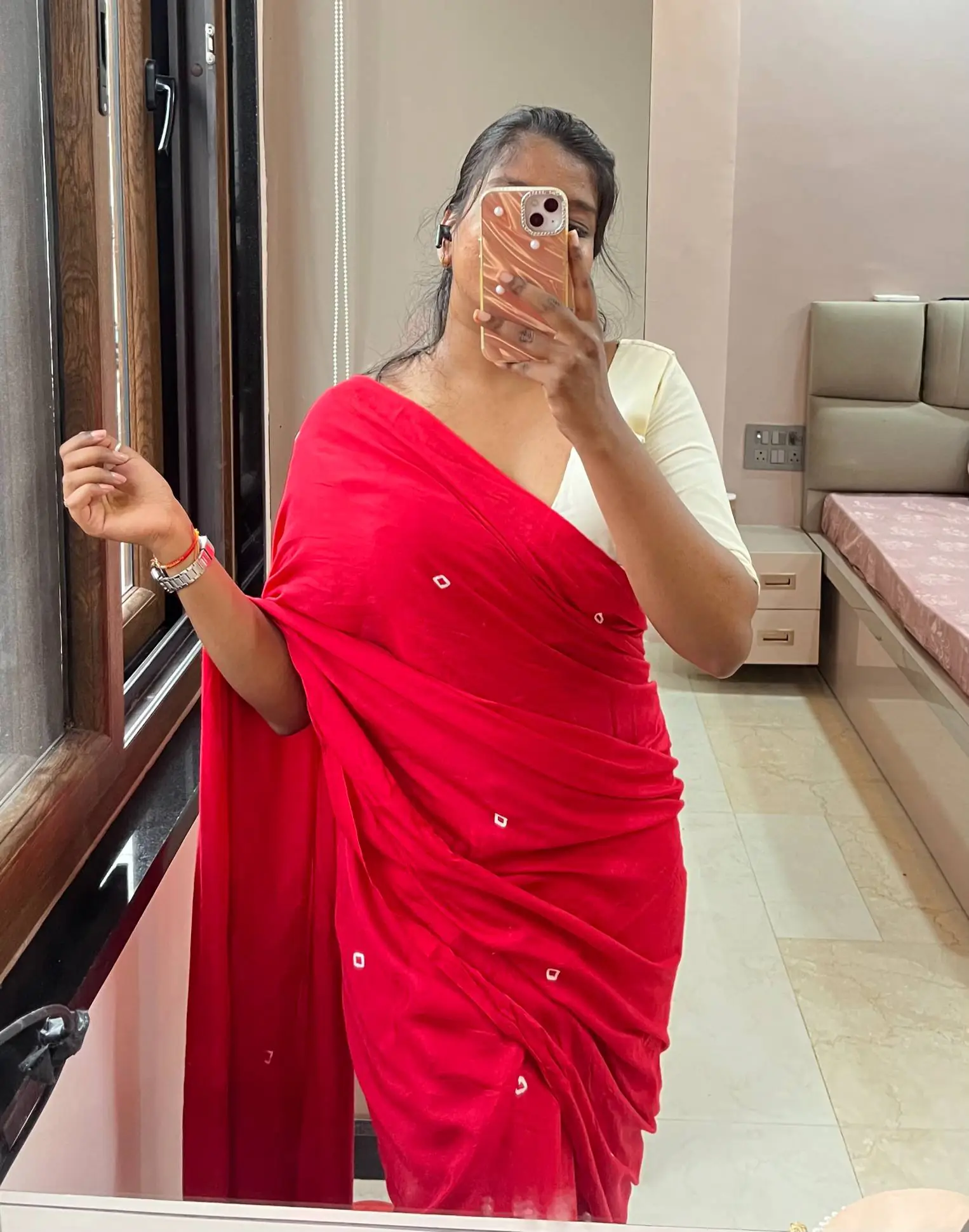 Red Bandhej Print Saree with White V-Neck Blouse