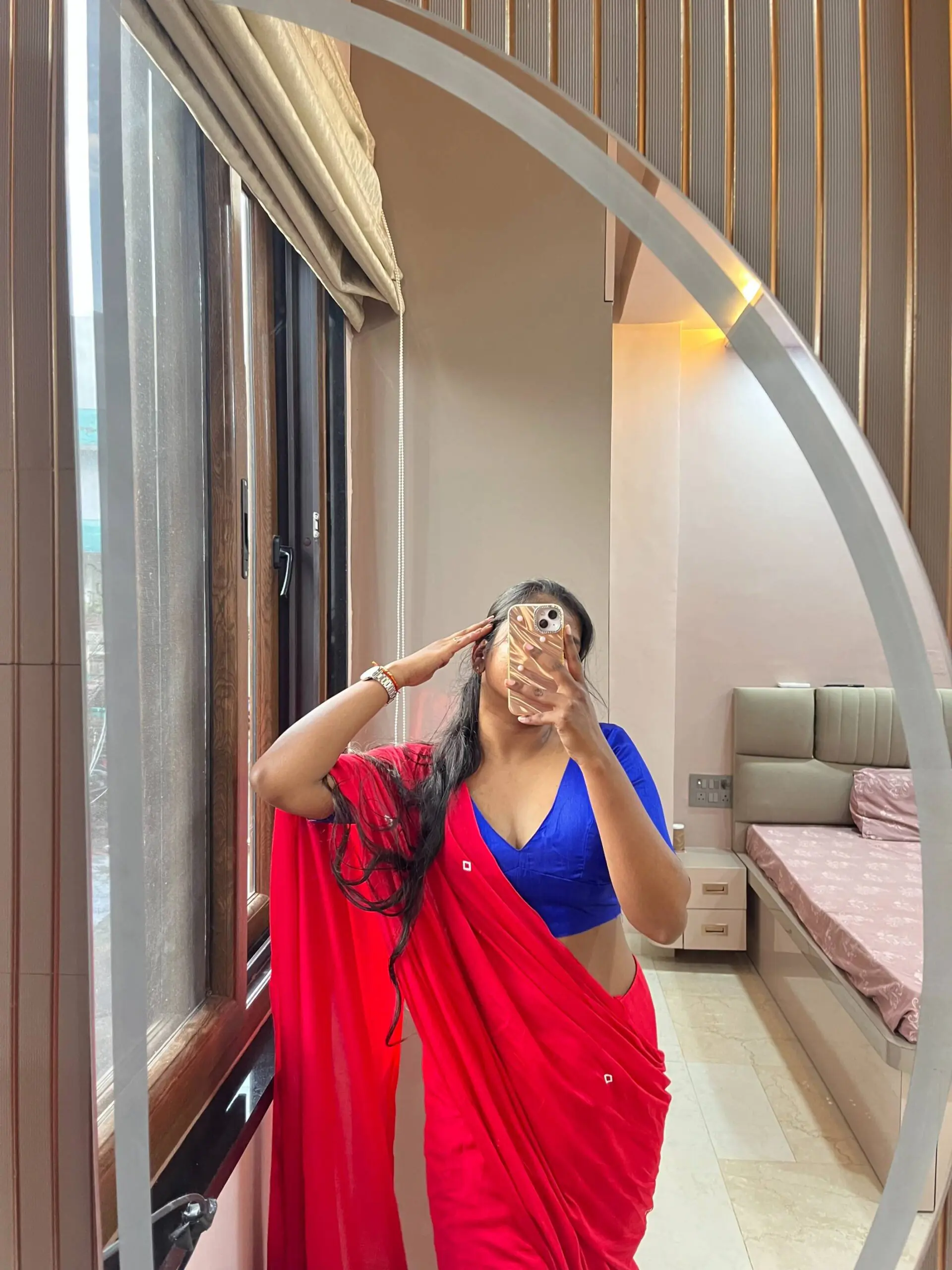 Red Bandhej Print Saree with Royal Blue V-Neck Blouse