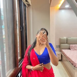 Red Bandhej Print Saree with Royal Blue V-Neck Blouse