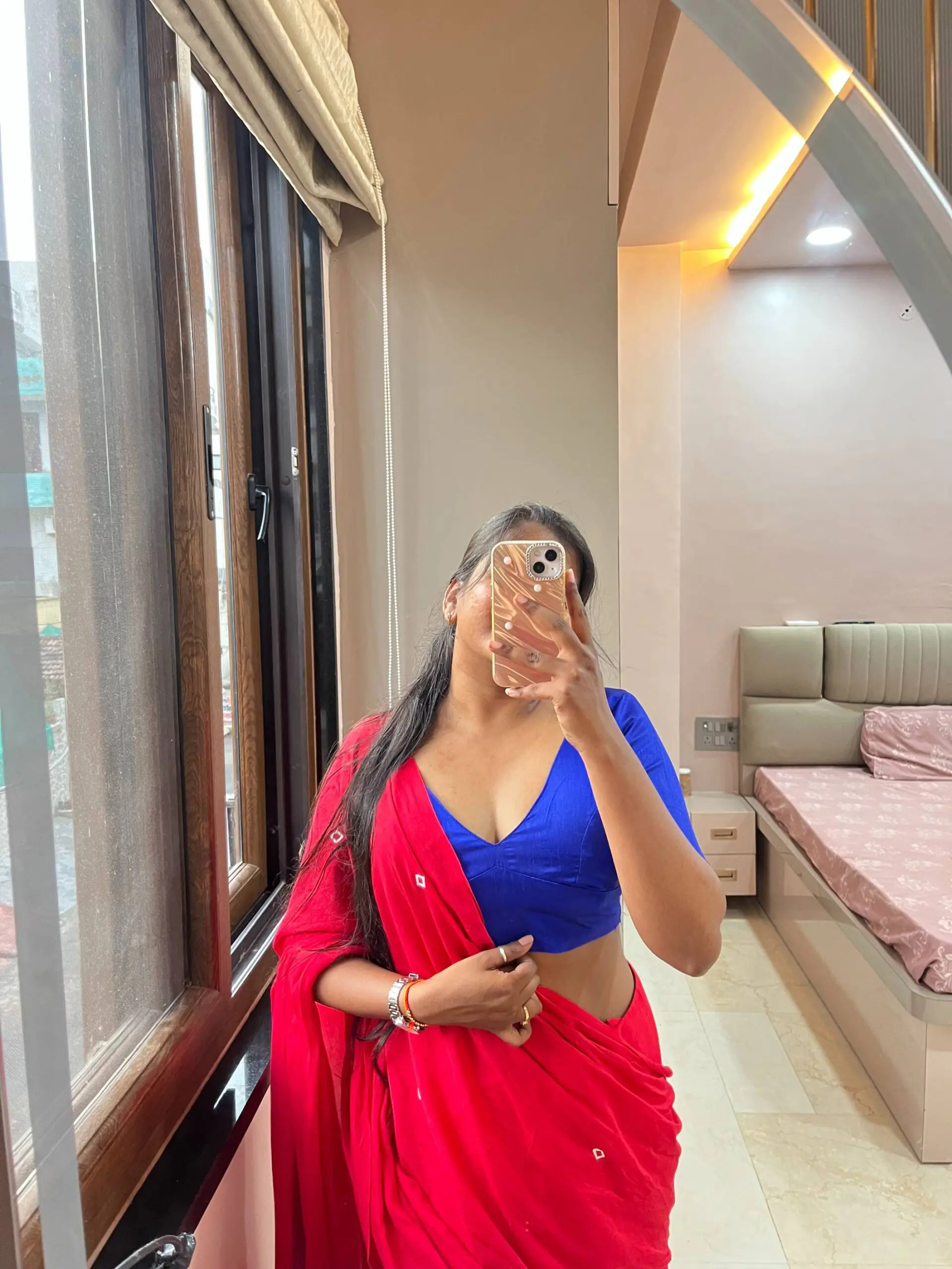 Red Bandhej Print Saree with Royal Blue V-Neck Blouse