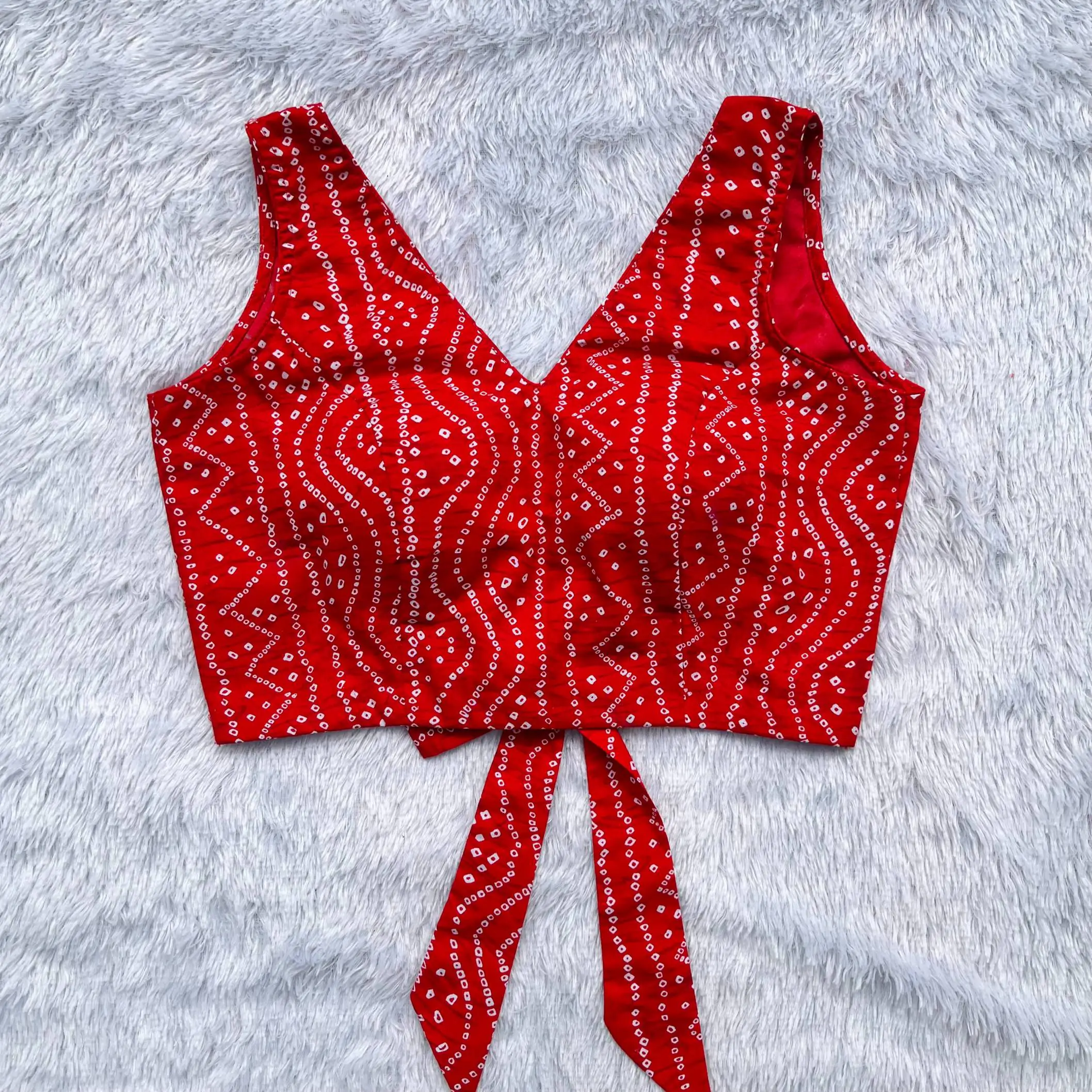 Red Bandhej V-Neck Back Knot Cotton Blouse - Image 4