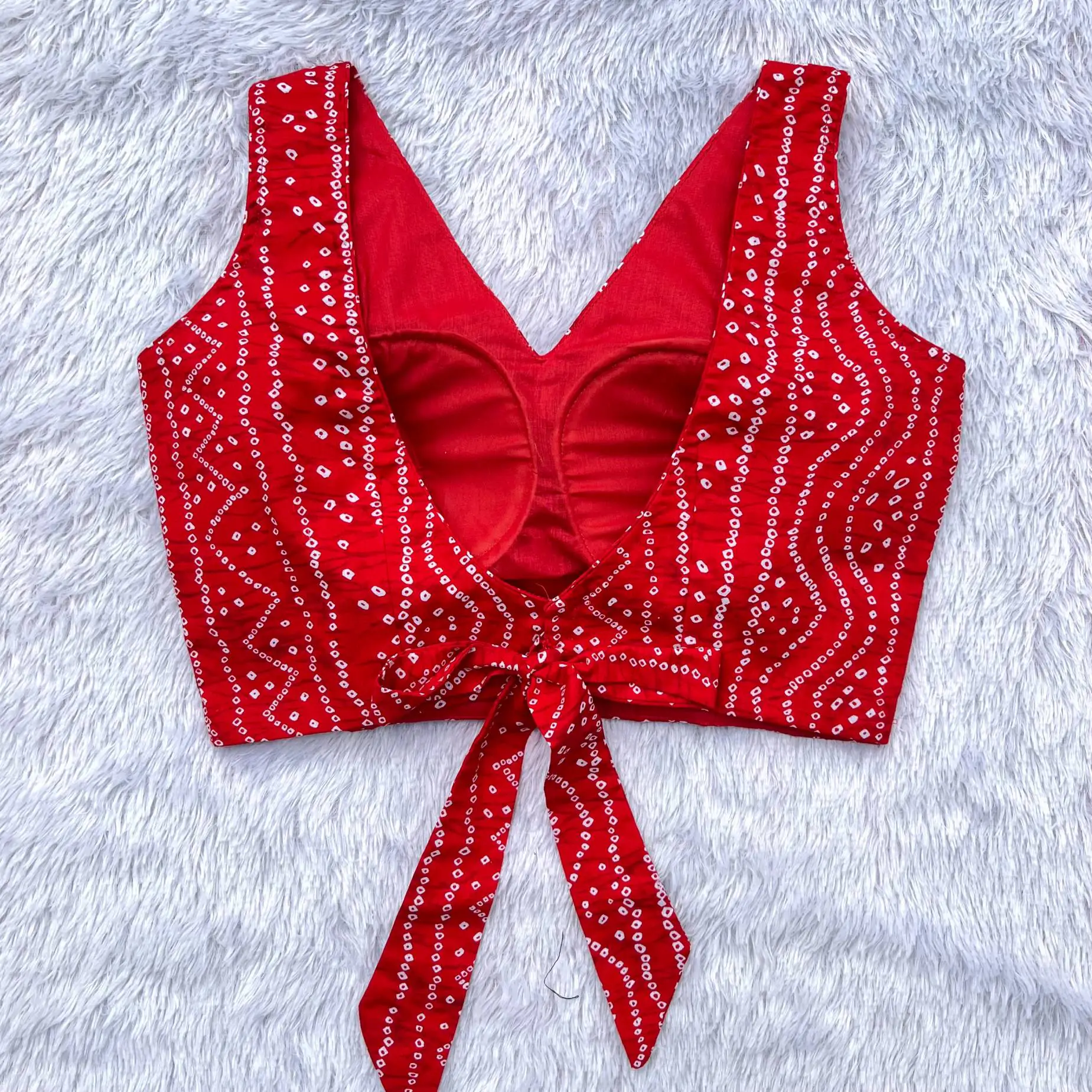 Red Bandhej V-Neck Back Knot Cotton Blouse - Image 5
