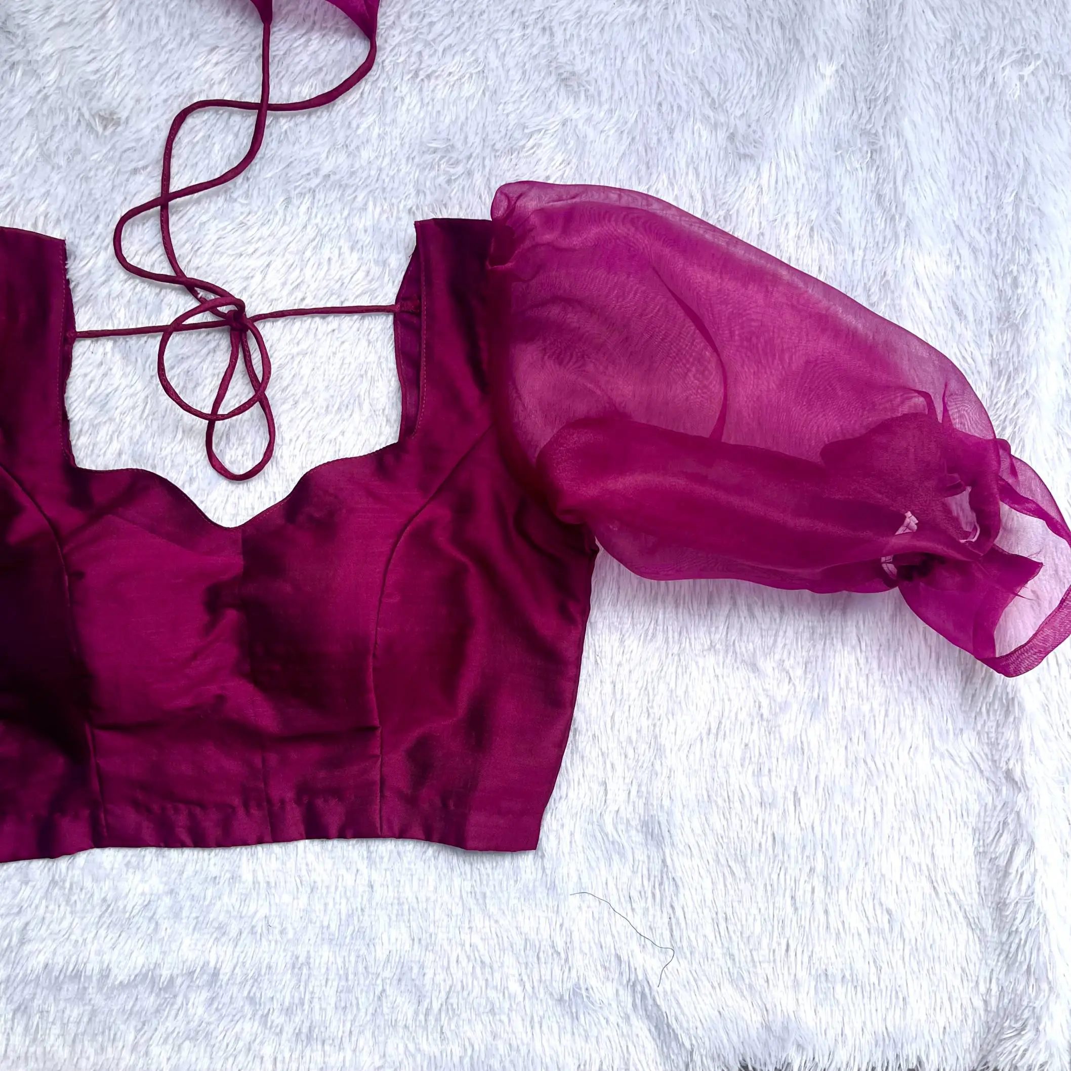 Wine Silk Sweetheart Neck Puffy Sleeves Blouse