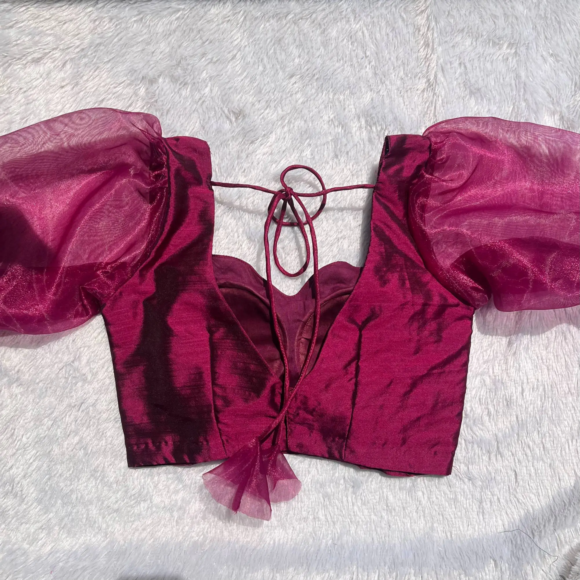 Wine Silk Sweetheart Neck Puffy Sleeves Blouse