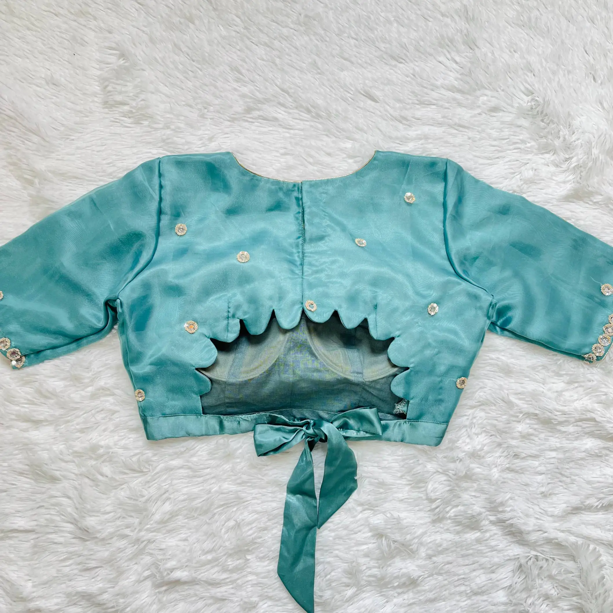 Sky Blue Handwork Back Knot Blouse