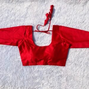 Red U-Neck Elbow Sleeves Raw Silk Blouse