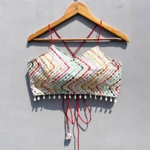 White Multi Mirror Work Criss Cross Blouse