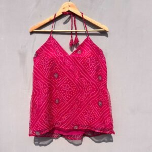 Pink Blue Bandhej Halter Neck Kurti