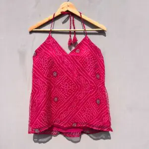 Pink Blue Bandhej Halter Neck Kurti