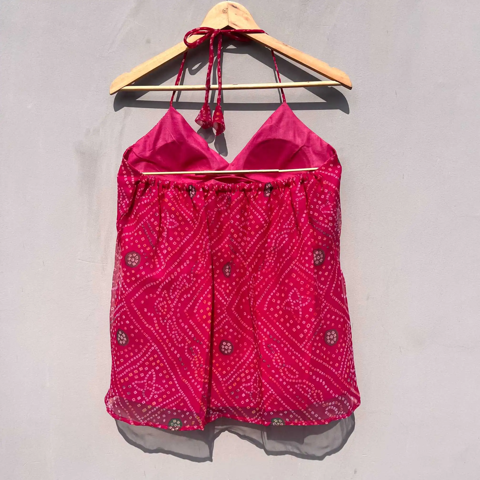 Pink Blue Bandhej Halter Neck Kurti