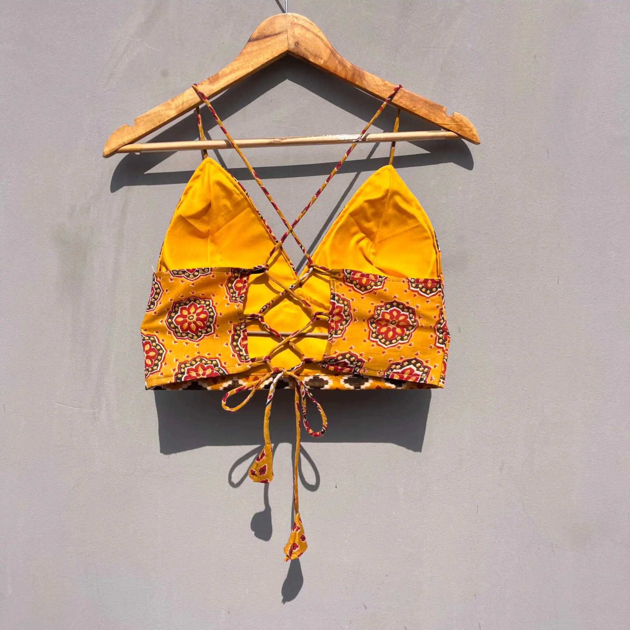 Mustard Floral Back Knot Cotton Bralette
