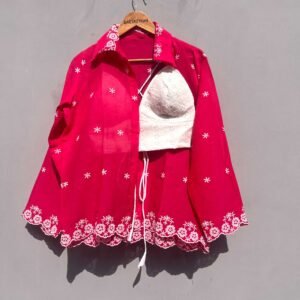 Thread Embroidery Pink Shirt and White Hakoba Bralette Combo