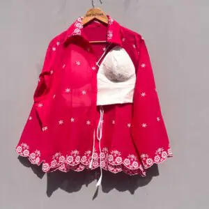 Thread Embroidery Pink Shirt and White Hakoba Bralette Combo