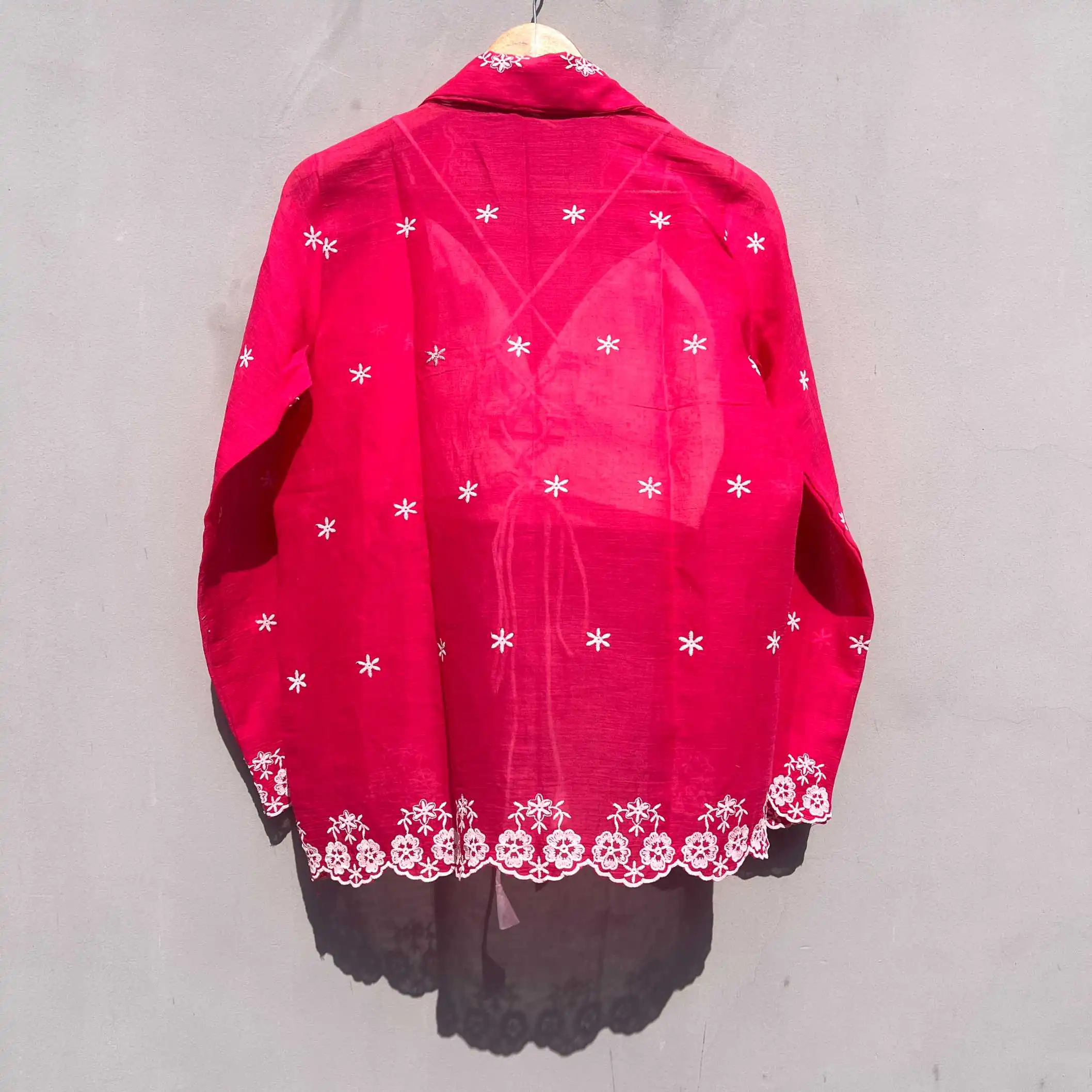 Thread Embroidery Pink Shirt and White Hakoba Bralette Combo