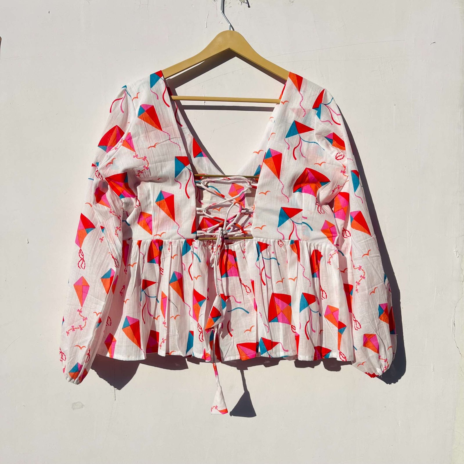 Kite Print Back Criss Cross Full Sleeves Cotton Top