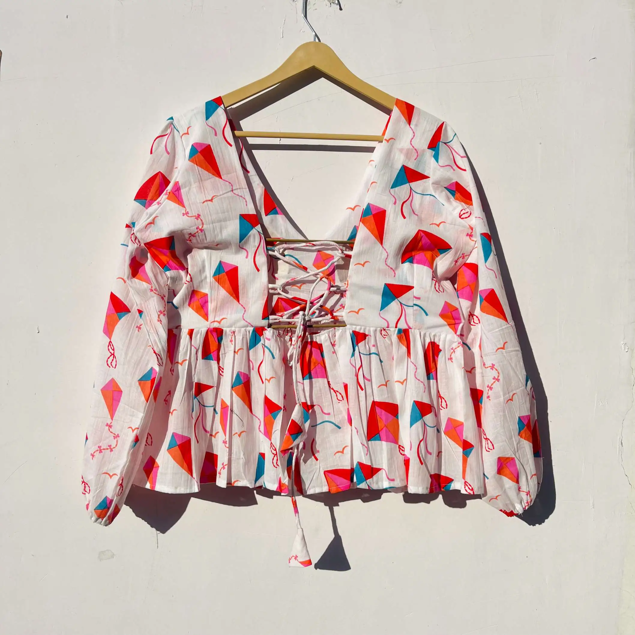 Kite Print Back Criss Cross Full Sleeves Cotton Top