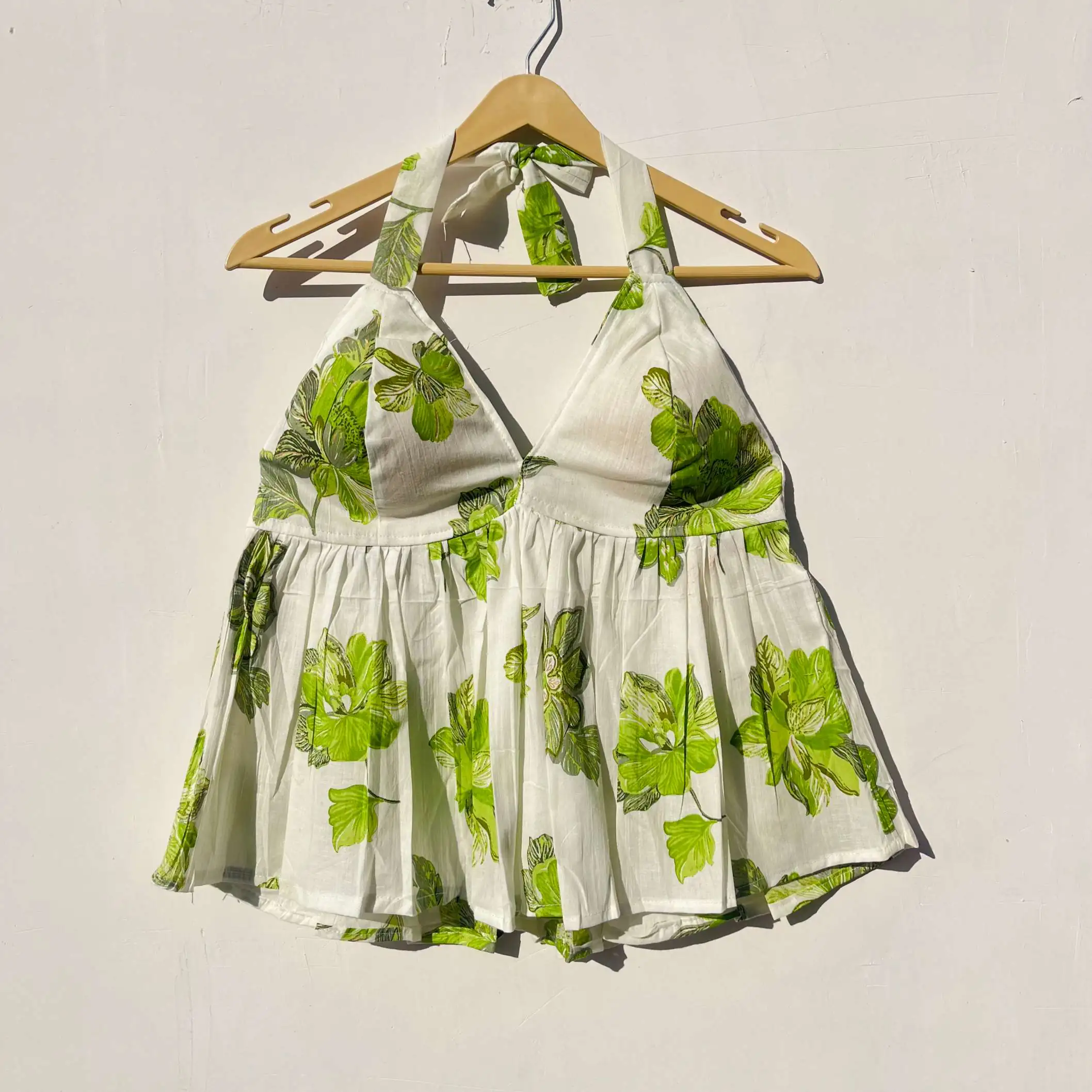 White Floral Halter Neck Cotton Top