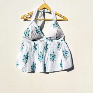 Sky Blue Floral Back Knot Halter Top
