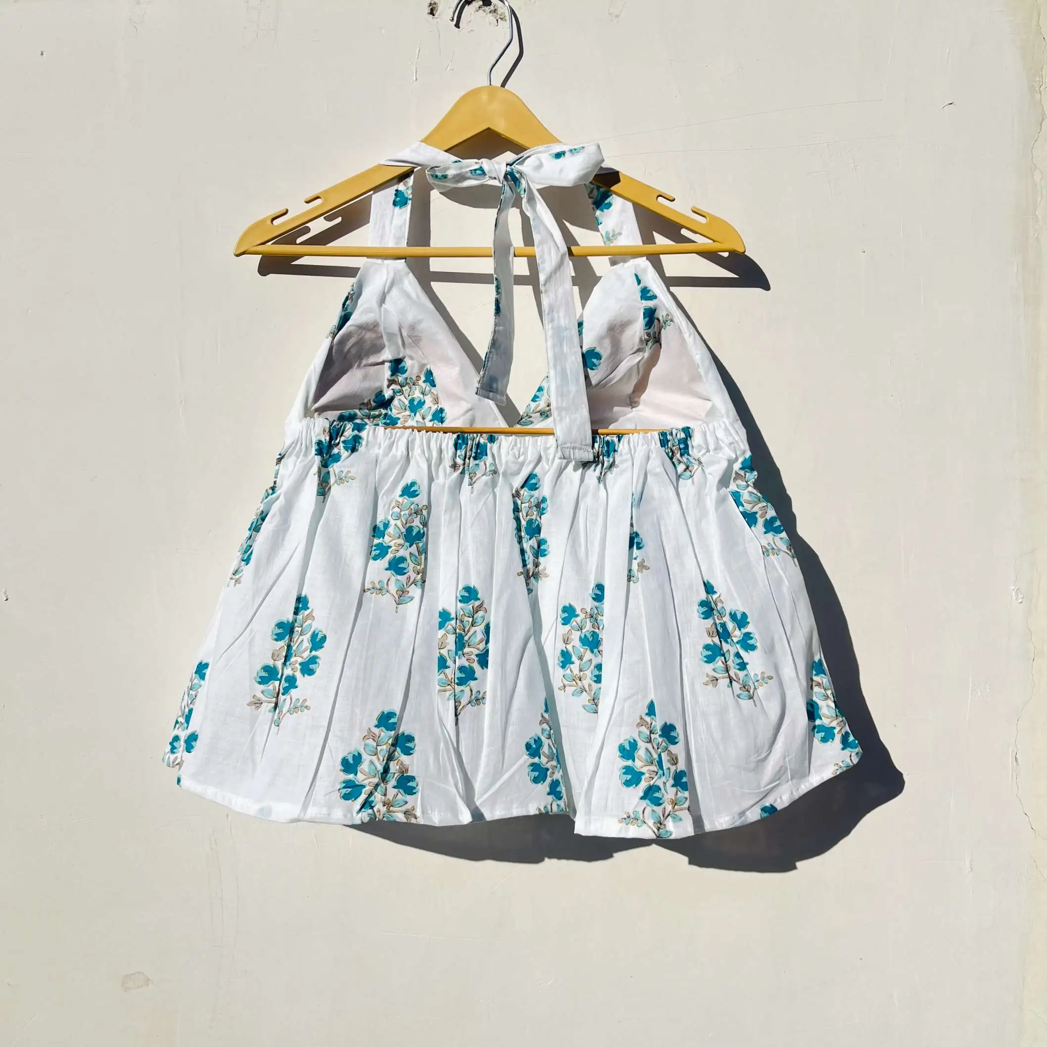 Sky Blue Floral Back Knot Halter Top