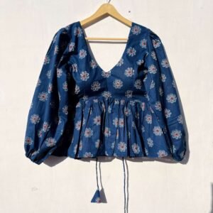 Blue Motif Back Criss Cross Full Sleeves Cotton Top