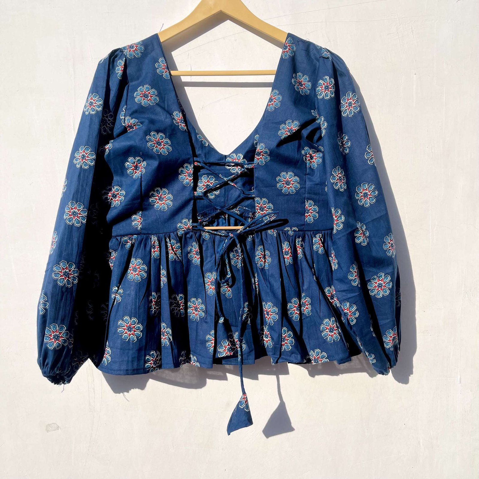 Blue Motif Back Criss Cross Full Sleeves Cotton Top